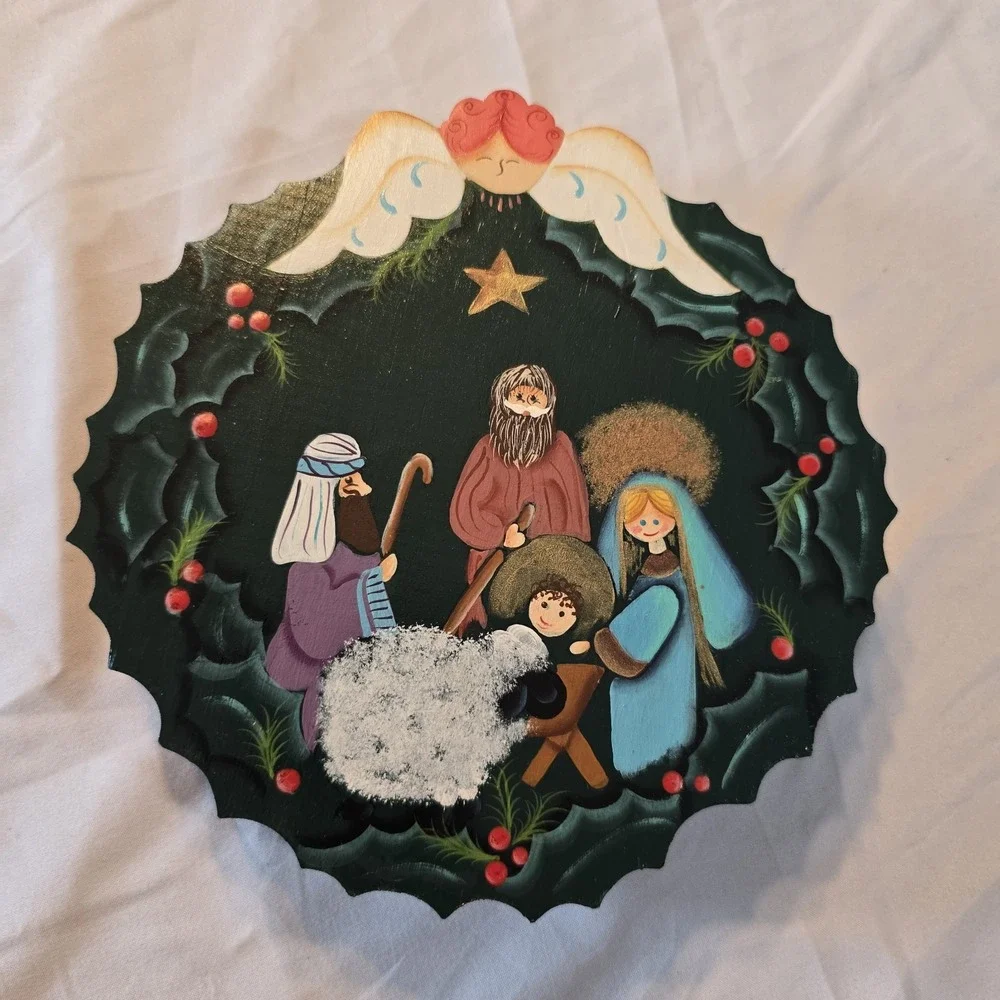 Vtg. Wooden Lazy Susan Hand-Painted Christmas Nativity Holly Berry‎ 7.25